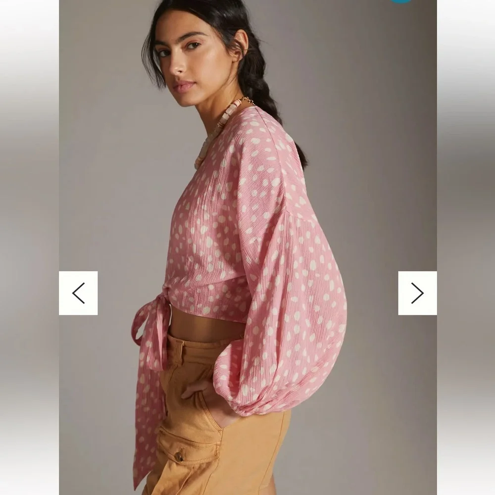 Anthropologie Pink Polka Dot Tie-Front Blouse - Picture 4 of 15